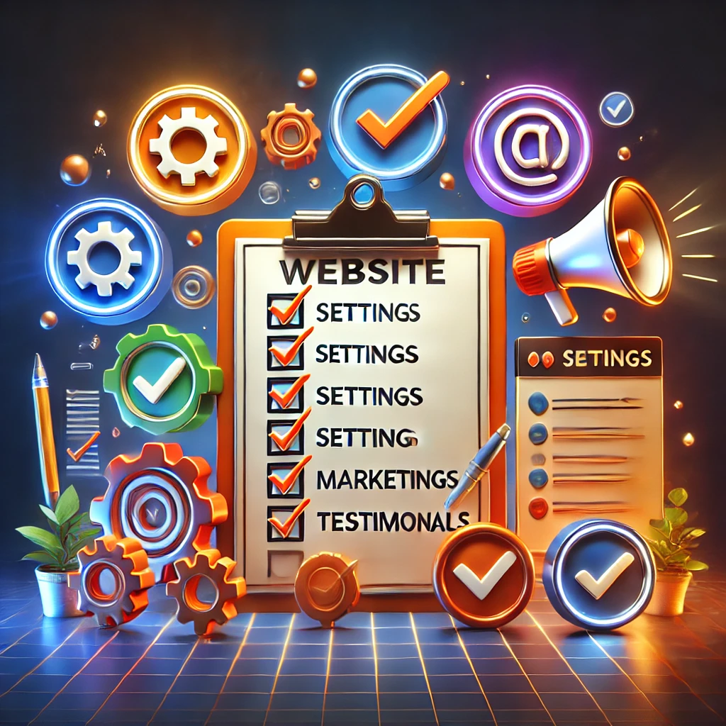 Illustrazione 3D di una checklist per un sito web con un clipboard, segni di spunta, layout digitale e icone 3D di impostazioni, marketing e recensioni. Design moderno e colorato per rappresentare elementi fondamentali del web design.