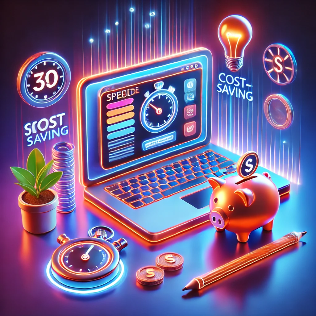 Illustrazione 3D di un laptop che mostra un template di sito web, circondato da icone di velocità, risparmio e innovazione, per rappresentare un sistema di creazione di siti web rapido ed economico.