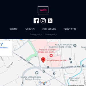 Footer aziendale con link di navigazione, icone social e mappa interattiva per migliorare accessibilità e presenza locale