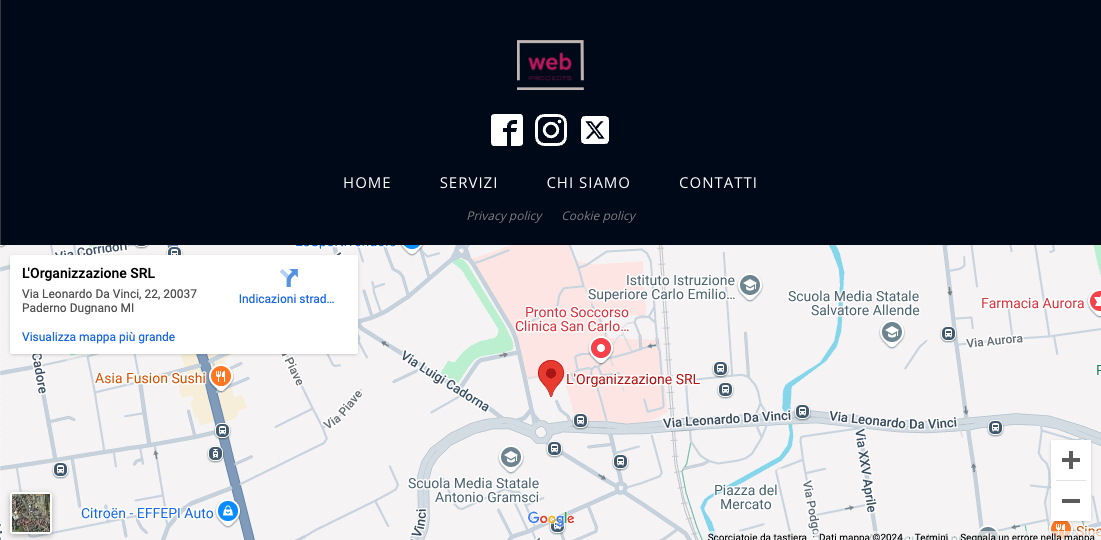 Footer aziendale con link di navigazione, icone social e mappa interattiva per migliorare accessibilità e presenza locale