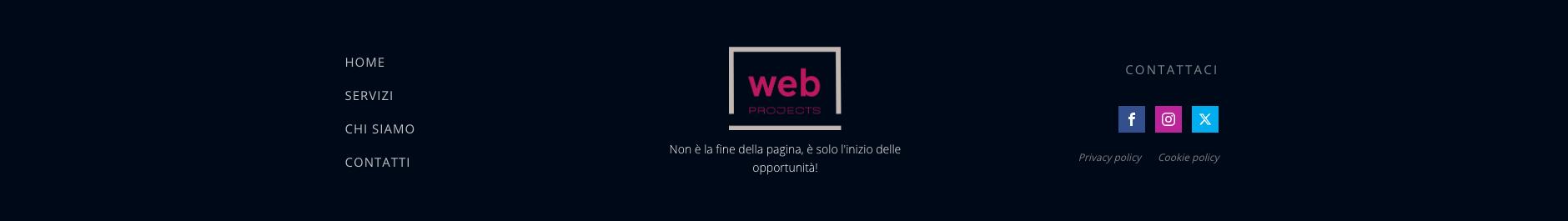Footer semplice e moderno con menu, logo aziendale e collegamenti social per una presentazione professionale