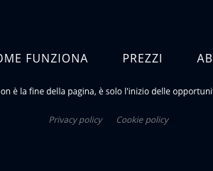 Footer minimalista con menu principale, frase motivazionale e link a privacy e cookie policy