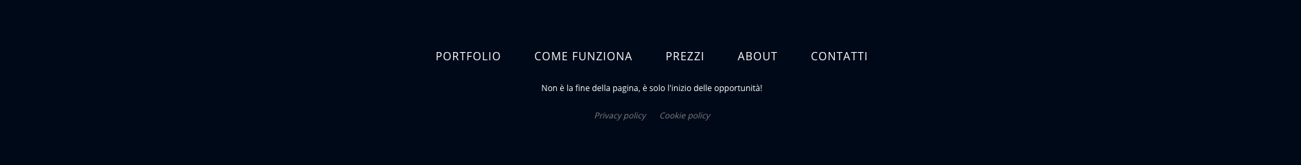 Footer minimalista con menu principale, frase motivazionale e link a privacy e cookie policy