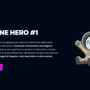 Sezione hero con testo chiaro, pulsante call-to-action e illustrazione di un astronauta su sfondo scuro