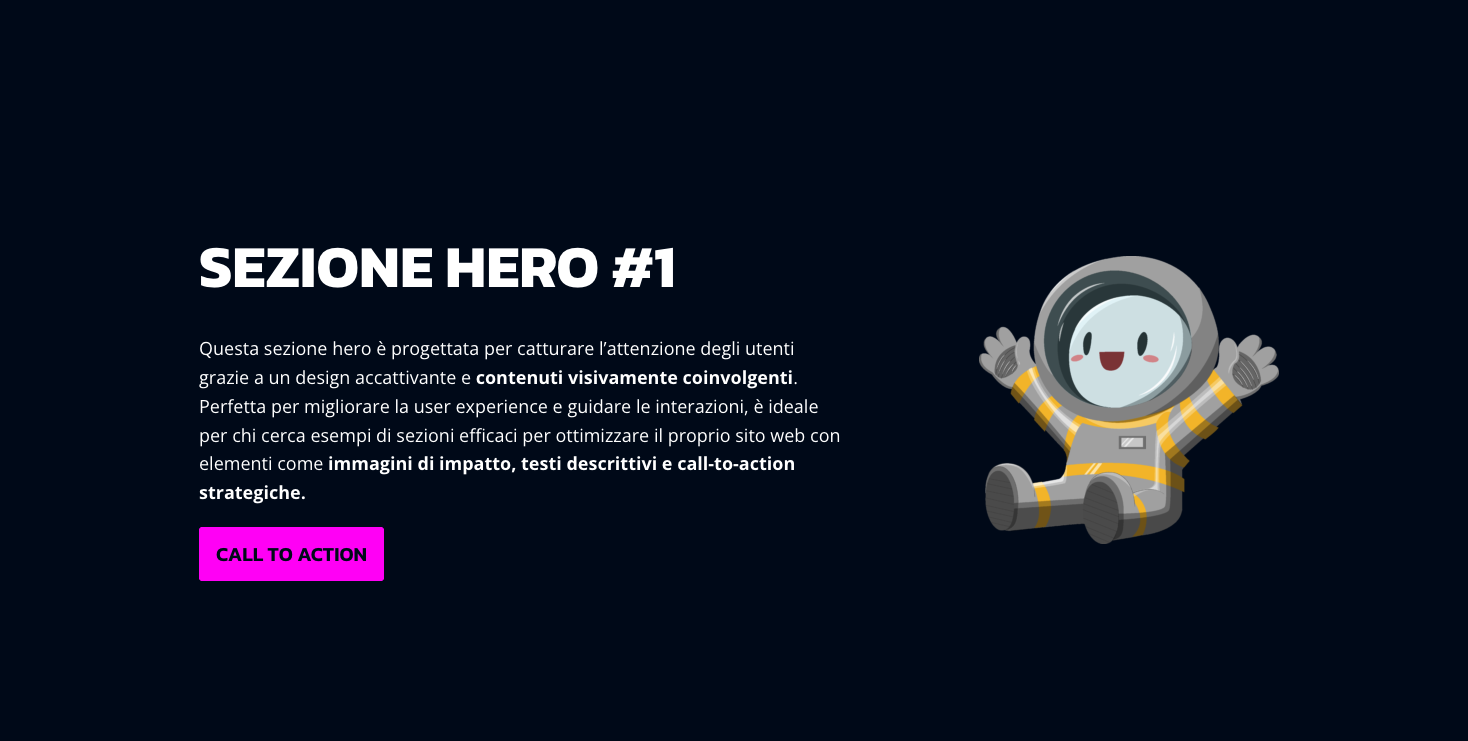 Sezione hero con testo chiaro, pulsante call-to-action e illustrazione di un astronauta su sfondo scuro