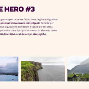 Sezione hero con testo descrittivo, call-to-action in rosa e griglia di immagini paesaggistiche