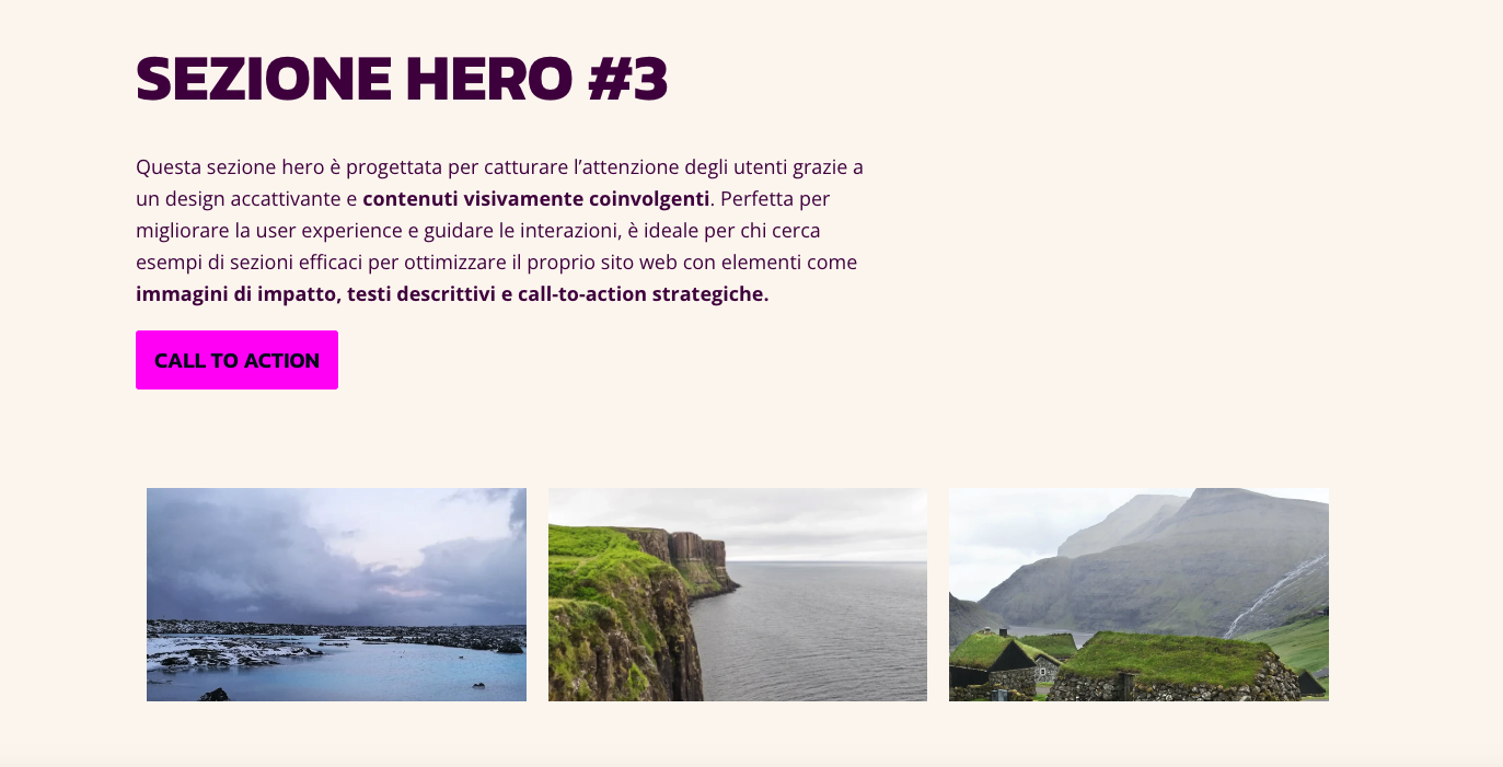 Sezione hero con testo descrittivo, call-to-action in rosa e griglia di immagini paesaggistiche