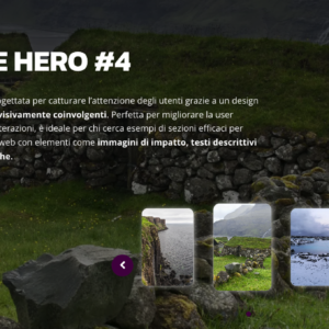 Sezione hero con immagine di sfondo scura, testo descrittivo sovrapposto e carosello di immagini.