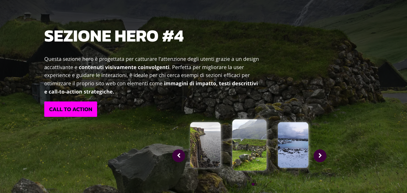 Sezione hero con immagine di sfondo scura, testo descrittivo sovrapposto e carosello di immagini.