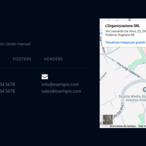 Footer moderno di un sito web con informazioni aziendali, contatti, link di navigazione, icone social media e mappa interattiva per la localizzazione dell'azienda. Ideale per migliorare l'esperienza utente e il posizionamento SEO locale.