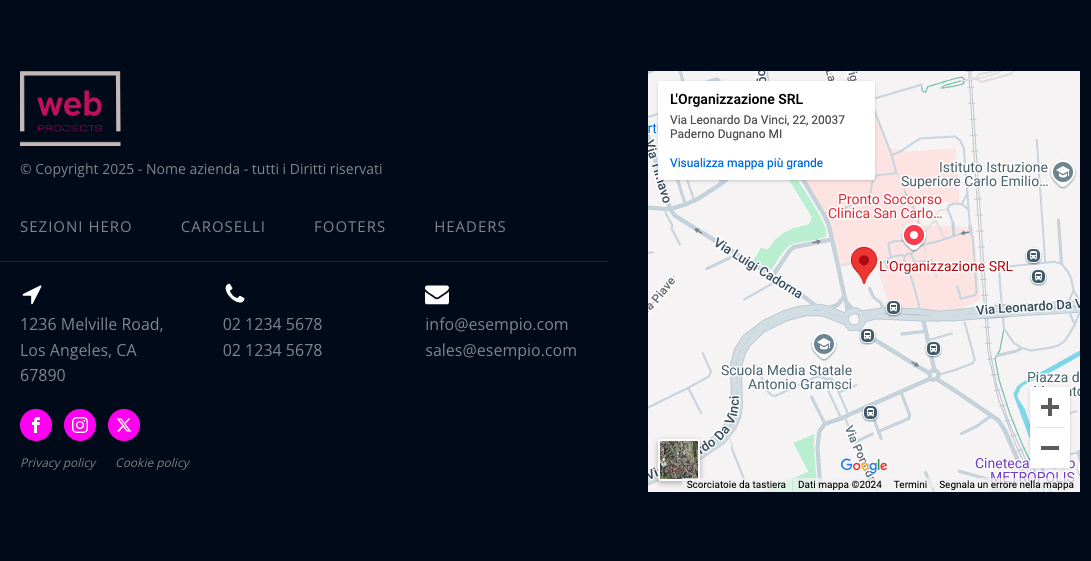 Footer moderno di un sito web con informazioni aziendali, contatti, link di navigazione, icone social media e mappa interattiva per la localizzazione dell'azienda. Ideale per migliorare l'esperienza utente e il posizionamento SEO locale.