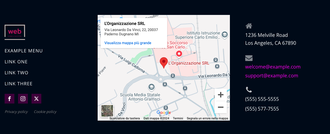 Footer aziendale funzionale con mappa interattiva e contatti, ideale per aziende che puntano sulla localizzazione e informazioni rapide per i clienti.