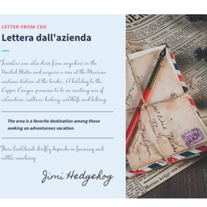 Sezione lettera aziendale con testo personalizzato, firma del CEO e immagine decorativa di lettere vintage e penna.