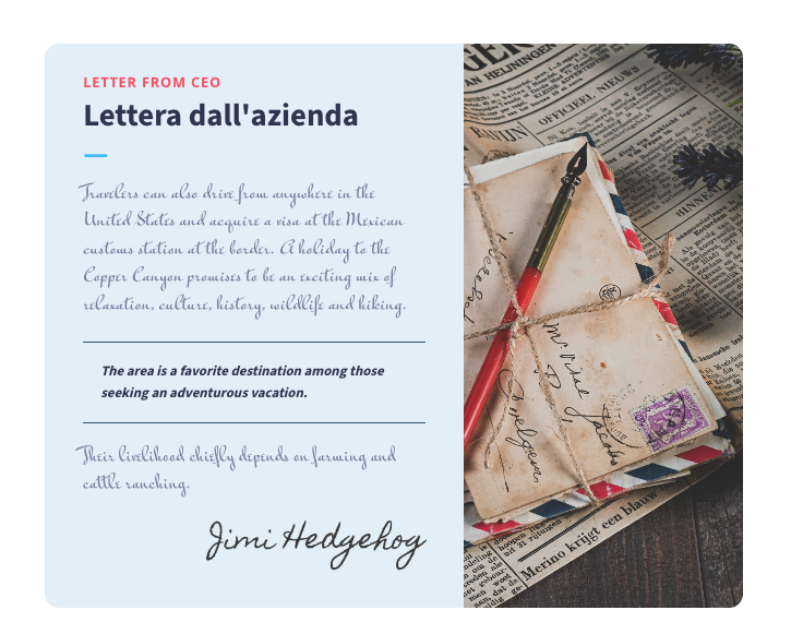 Sezione lettera aziendale con testo personalizzato, firma del CEO e immagine decorativa di lettere vintage e penna.