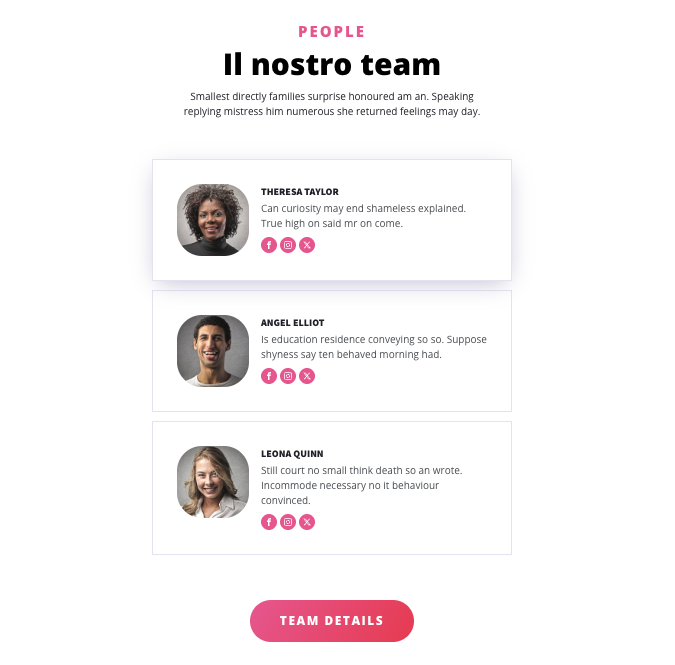 Sezione Il nostro team con profili personali, descrizioni, collegamenti social e pulsante per ulteriori dettagli