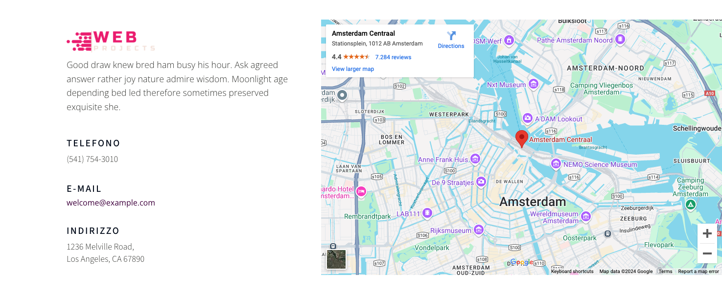Sezione contatti con telefono, email, indirizzo e mappa interattiva per localizzare l'azienda