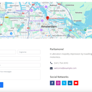 Sezione contatti con modulo di invio messaggi, mappa interattiva per la localizzazione e collegamenti ai social network