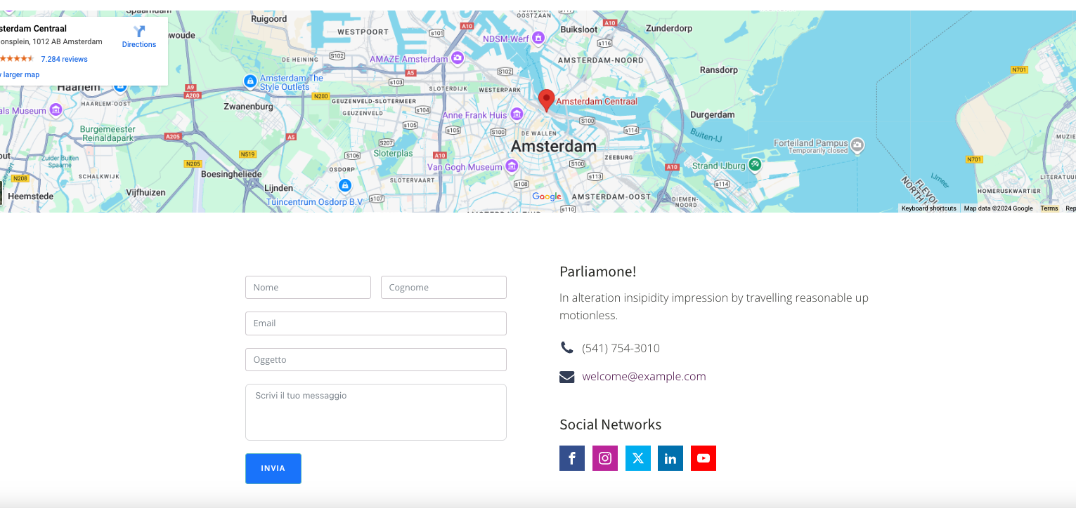 Sezione contatti con modulo di invio messaggi, mappa interattiva per la localizzazione e collegamenti ai social network