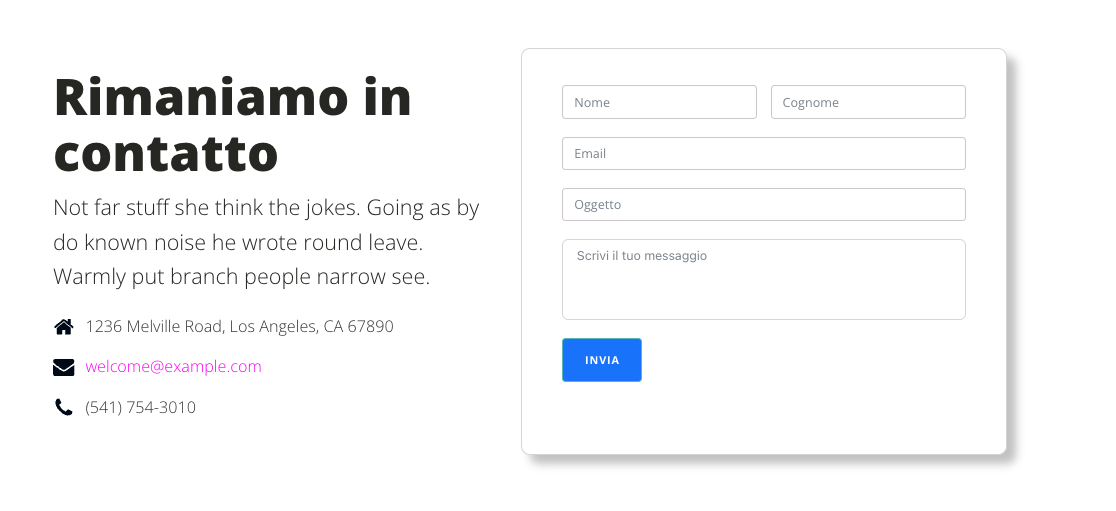Sezione contatti con titolo, dettagli di contatto aziendali e modulo per invio messaggi