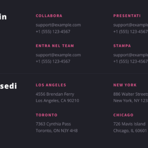 Sezione con contatti per collaborazioni e candidature, e indirizzi delle principali sedi aziendali