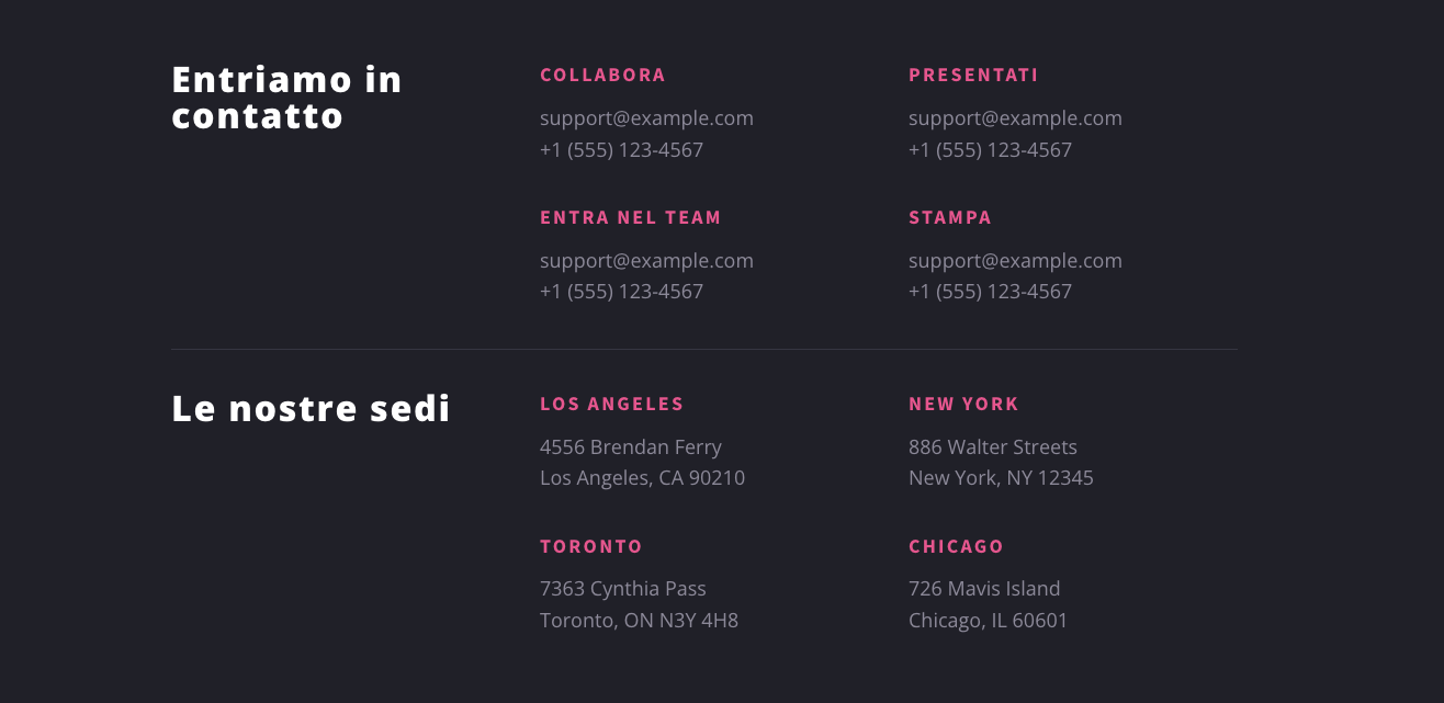 Sezione con contatti per collaborazioni e candidature, e indirizzi delle principali sedi aziendali