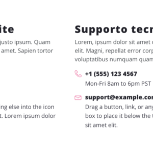 Sezione con contatti separati per supporto tecnico e vendite, includendo email, telefono e orari di disponibilità