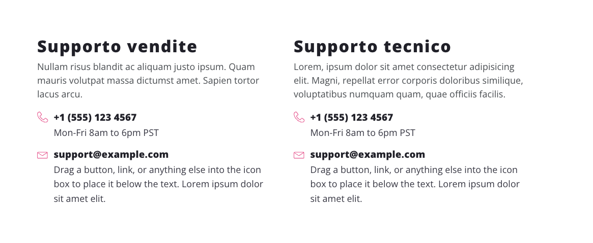 Sezione con contatti separati per supporto tecnico e vendite, includendo email, telefono e orari di disponibilità