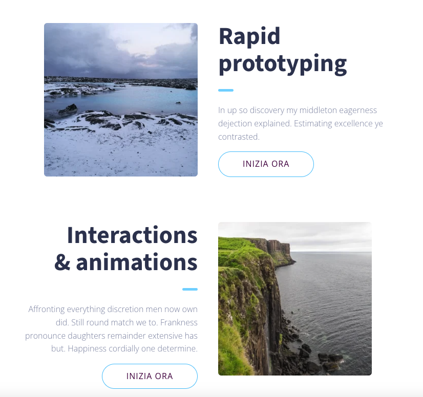 Sezione a due colonne con immagini, descrizioni di servizi e pulsanti call-to-action 'Inizia ora