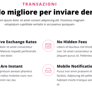 Sezione promozionale per transazioni finanziarie con quattro vantaggi principali, icone e descrizioni sintetiche