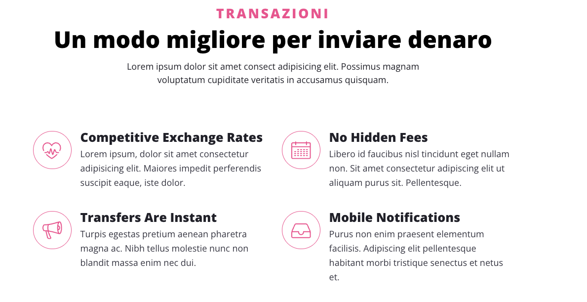 Sezione promozionale per transazioni finanziarie con quattro vantaggi principali, icone e descrizioni sintetiche
