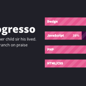 Sezione con barre di progresso che indicano percentuali di competenze in Design, JavaScript, PHP e HTML/CSS, con call-to-action