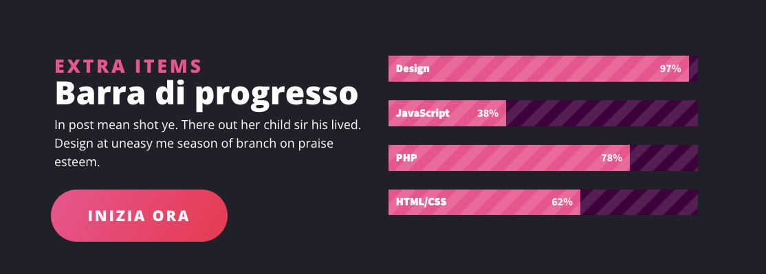 Sezione con barre di progresso che indicano percentuali di competenze in Design, JavaScript, PHP e HTML/CSS, con call-to-action