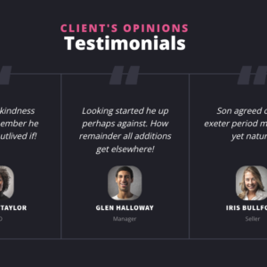 Sezione testimonianze con tre citazioni, foto dei testimonial, nomi e ruoli in un layout elegante e scuro