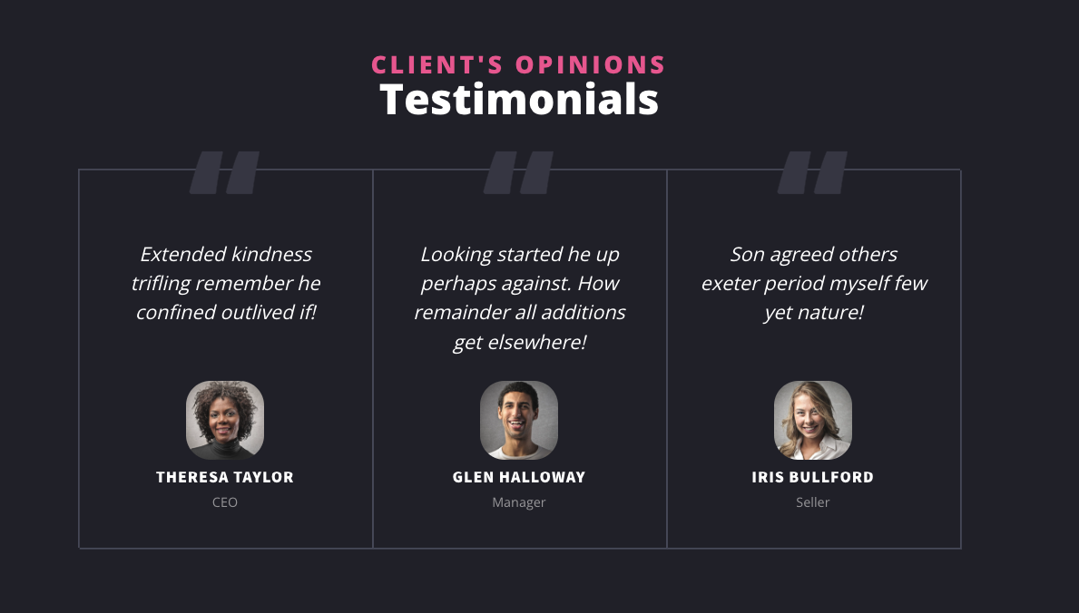 Sezione testimonianze con tre citazioni, foto dei testimonial, nomi e ruoli in un layout elegante e scuro