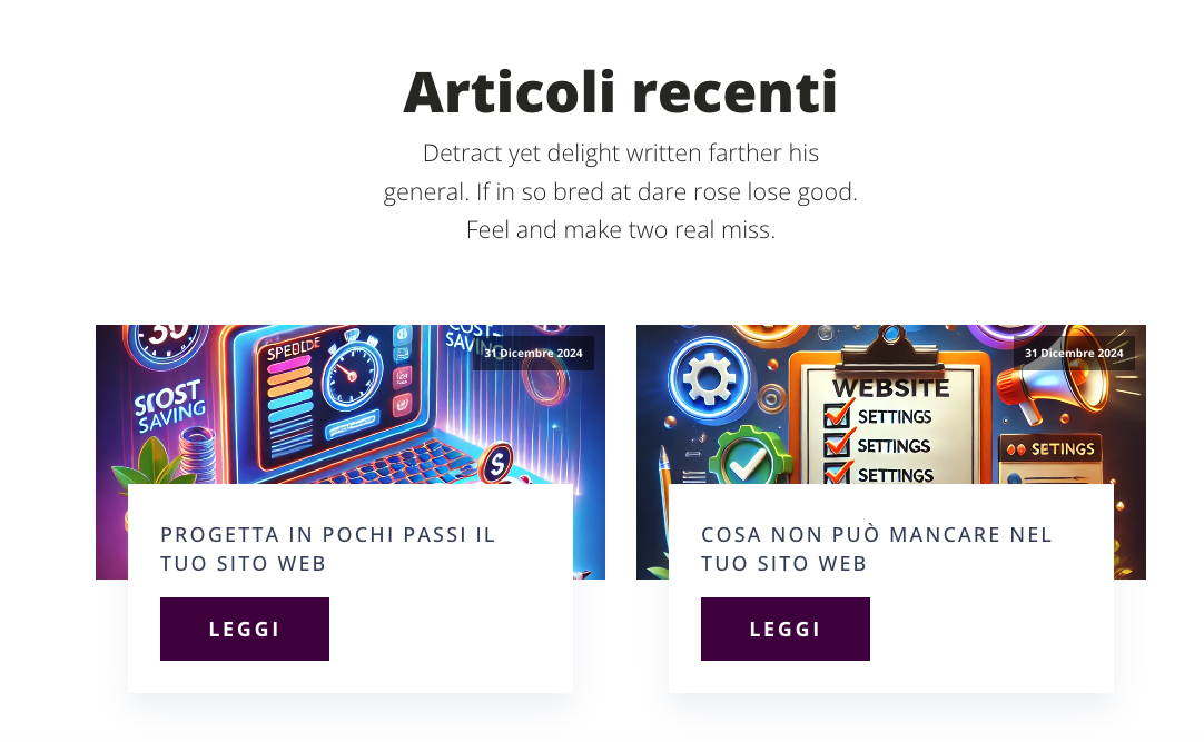 Sezione articoli recenti con immagini accattivanti, titoli descrittivi e pulsanti 'Leggi' per esplorare i contenuti.
