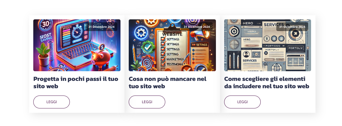 Sezione con tre articoli recenti, ognuno con immagine, titolo, data di pubblicazione e pulsante 'Leggi'