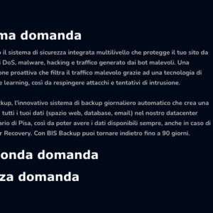 Sezione FAQ con domande principali e layout a fisarmonica per espandere le risposte