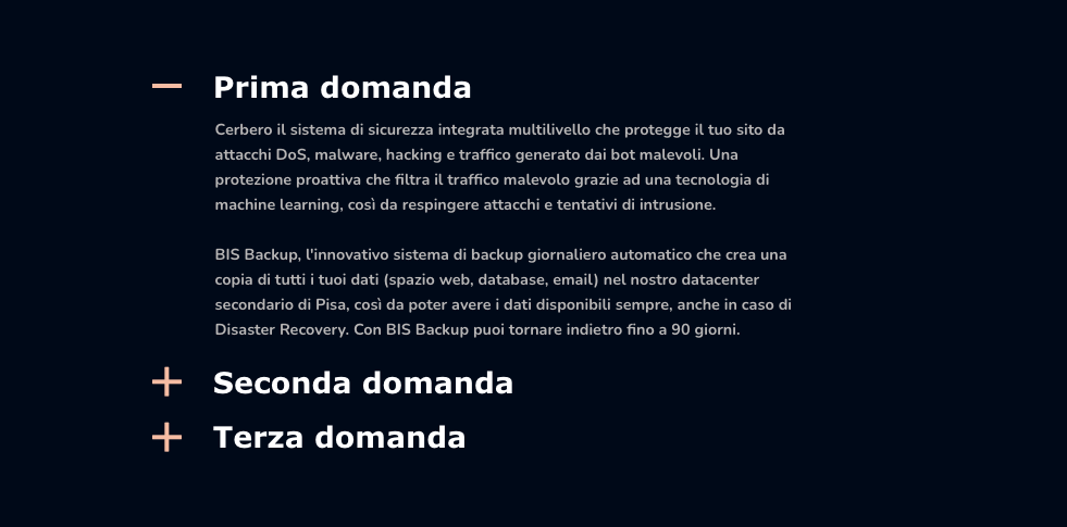 Sezione FAQ con domande principali e layout a fisarmonica per espandere le risposte