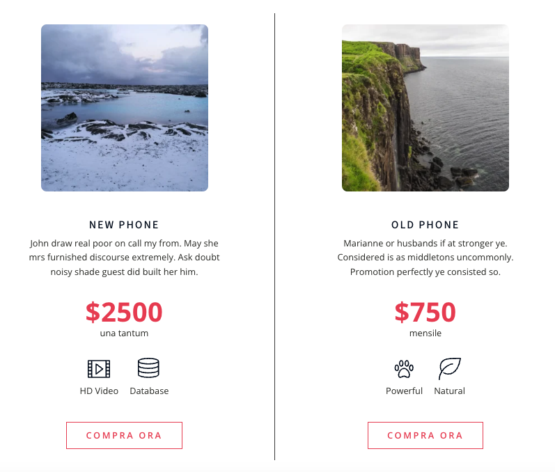 Sezione confronto tra due prodotti con immagini, descrizioni dettagliate, prezzi e icone illustrative.