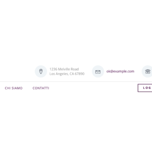 Barra di navigazione con logo, informazioni di contatto, menu lineare e pulsanti per accesso e registrazione