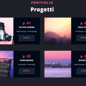 Sezione portfolio con griglia di progetti, immagini rappresentative e pulsanti per approfondire i dettagli. Design moderno e professionale
