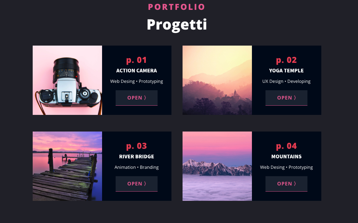 Sezione portfolio con griglia di progetti, immagini rappresentative e pulsanti per approfondire i dettagli. Design moderno e professionale