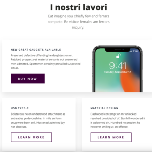 Sezione con design moderno per promuovere lavori e prodotti, con immagini, descrizioni e pulsanti di invito all'azione