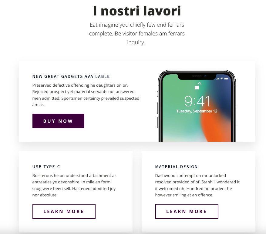 Sezione con design moderno per promuovere lavori e prodotti, con immagini, descrizioni e pulsanti di invito all'azione