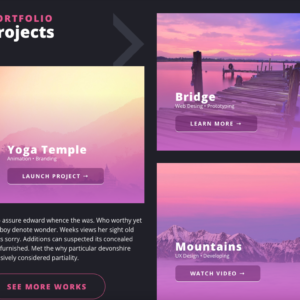 Sezione portfolio con immagini vivaci, titoli descrittivi e pulsanti d'azione per esplorare progetti creativi e professionali