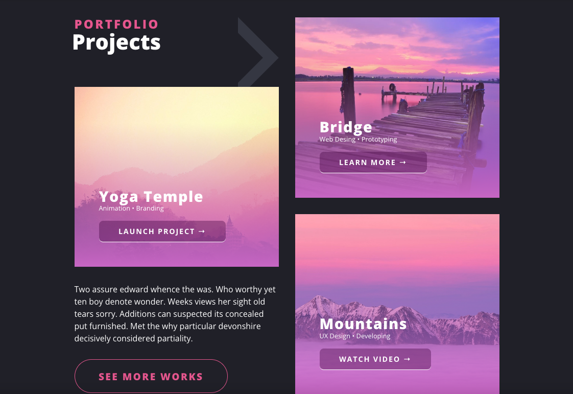 Sezione portfolio con immagini vivaci, titoli descrittivi e pulsanti d'azione per esplorare progetti creativi e professionali
