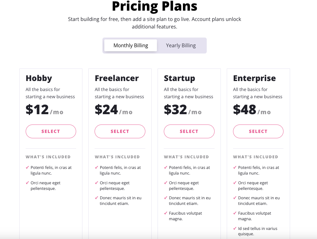 Tabella di confronto piani tariffari con quattro opzioni, costi mensili e funzionalità incluse per abbonamenti personalizzati