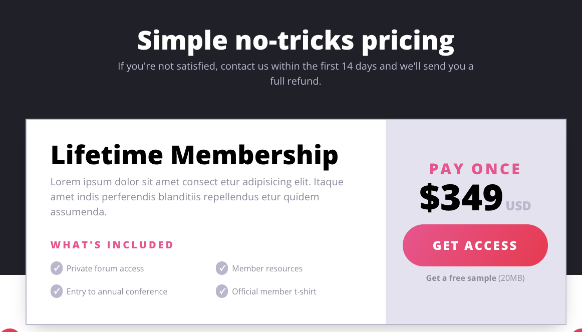 Sezione con offerta Lifetime Membership da $349, vantaggi inclusi e garanzia di rimborso entro 14 giorni