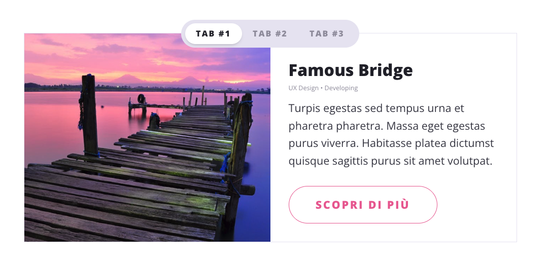 Sezione interattiva con tab per navigare tra progetti, immagine del famoso ponte e descrizione del progetto con pulsante 'Scopri di più'