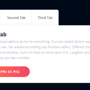 Sezione interattiva con schede selezionabili, descrizione testuale e pulsante 'Scopri di più' su sfondo scuro